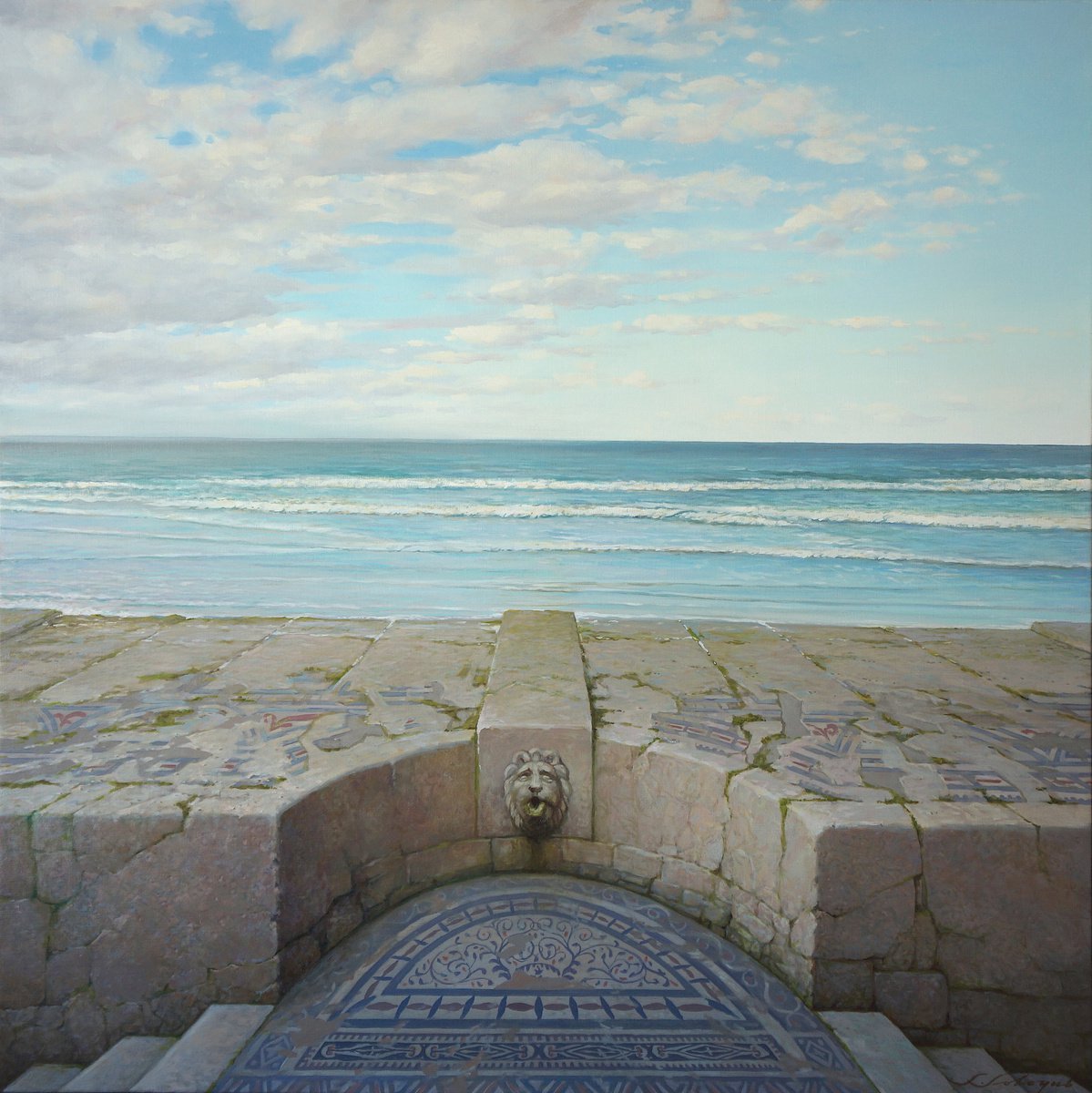 Photorealistic Landscape Oil Painting By Sergej Sologub, 61 X 61", Beach Mosaic, Original Artwork