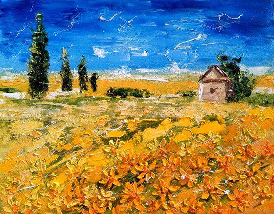 Ukraine Painting Landscape Original Art Sunflower Field Oil Artwork Ukrainian Sky Home Wall Art 18 by 14" by Halyna Kirichenko