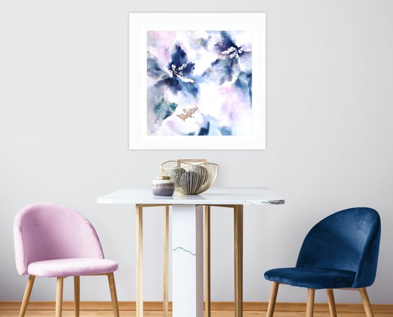 Navy blue abstract flowers, watercolor floral painting