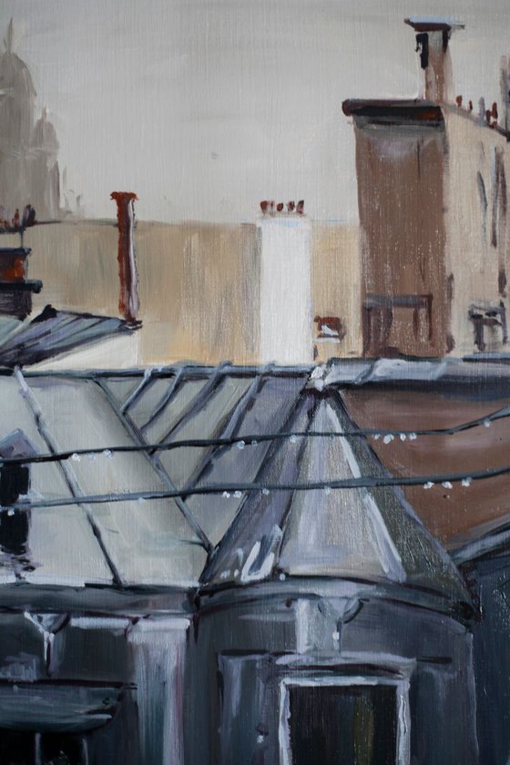 Rain in Paris. Original oil painting. France city urban roofs street landscape