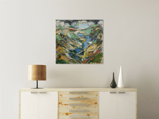 MOUNTAIN LANDSCAPE - landscape art, mountainscape, mountain, expressive, sky, canyon  68x73