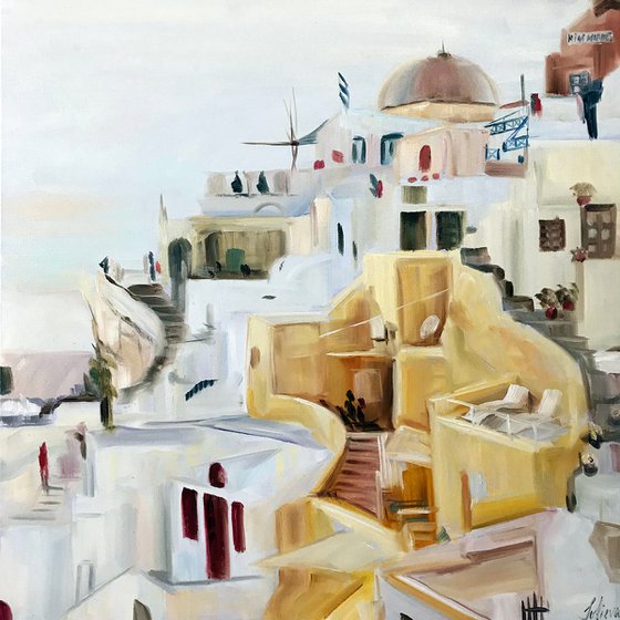 Oil painting with the city "Santorini" 40 * 40 cm