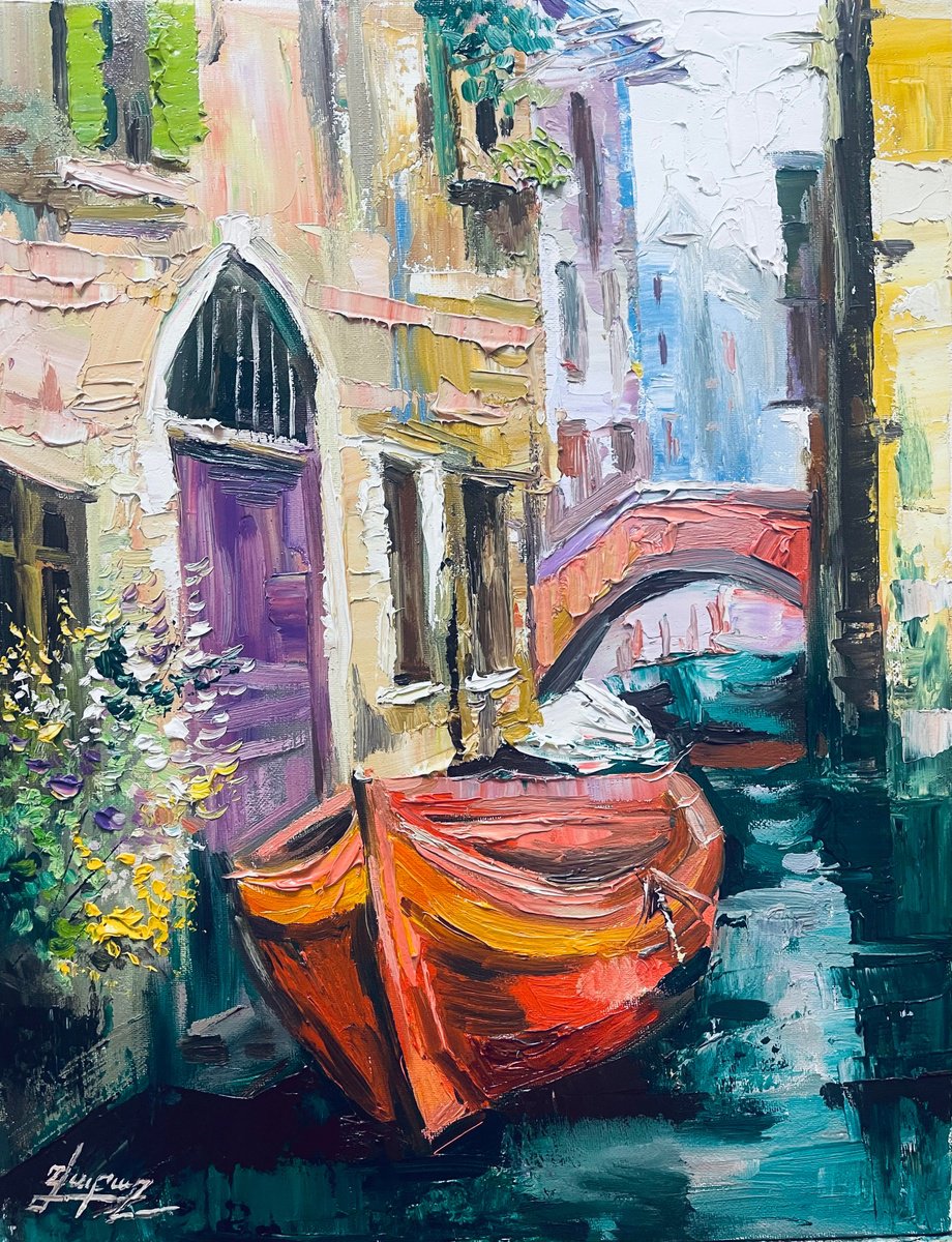 Impressionistic Cityscapes Oil Painting By Vahe Bagumyan, 14 X 18", Venetian Serenity, Original Artwork