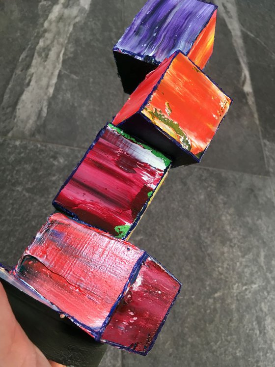 "Blocked Up" - Original PMS Painted Geometrical Wooden Sculpture - 4 x 11 x 4 inches