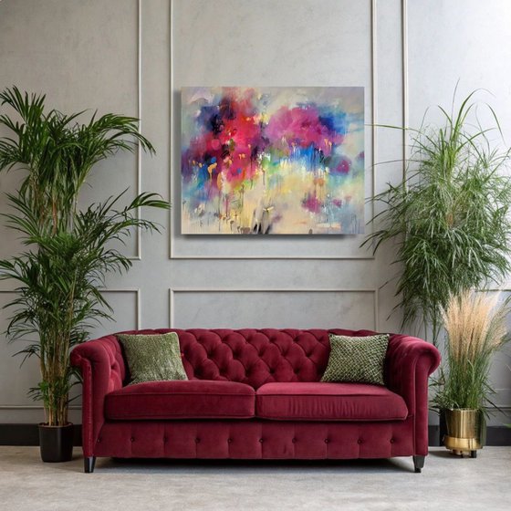 Pink Blue Motion. Large Abstrct  Painting