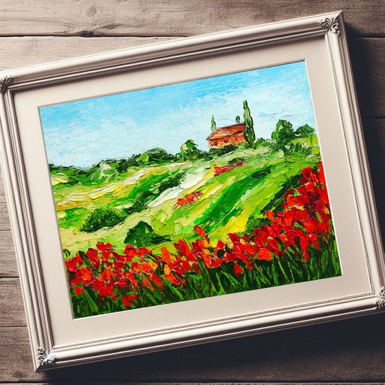 Tuscany Painting Poppy Original Art Landscape Oil Painting Impasto Small Artwork Meadow Wall Art