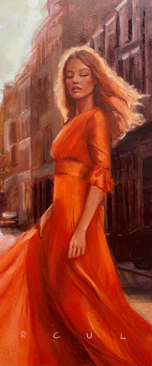 Girl on Kingsday, large oil painting of beautiful blonde girl in an orange maxi dress by Renske Karlien Hercules