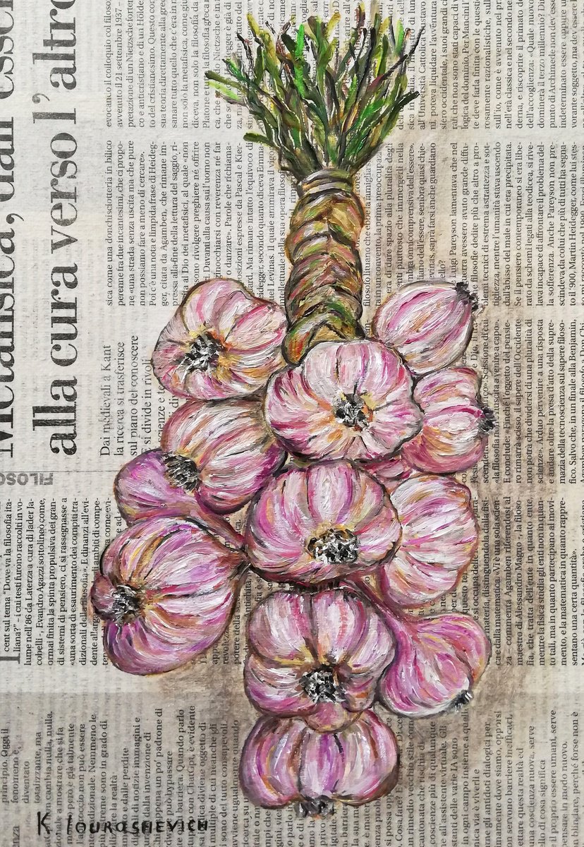 Impressionistic Still Life Oil Painting By Katia Ricci, 8 X 12", Garlic String On Newspaper, Original Artwork