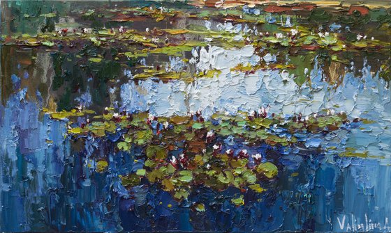White Water Lilies - Pond flowers - Impasto Original Oil painting