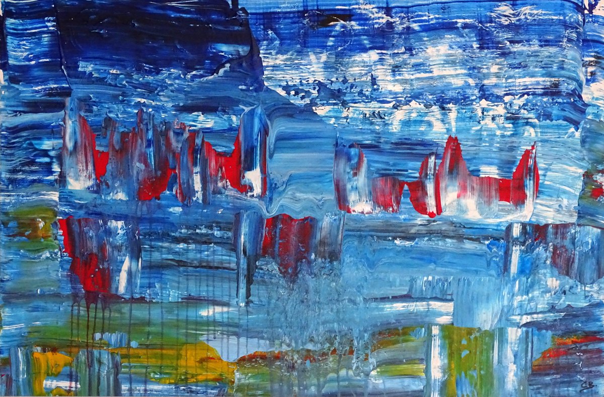 Abstract Landscape Acrylic Painting By Cb., 37 X 25, Tropical Blue, Original Artwork