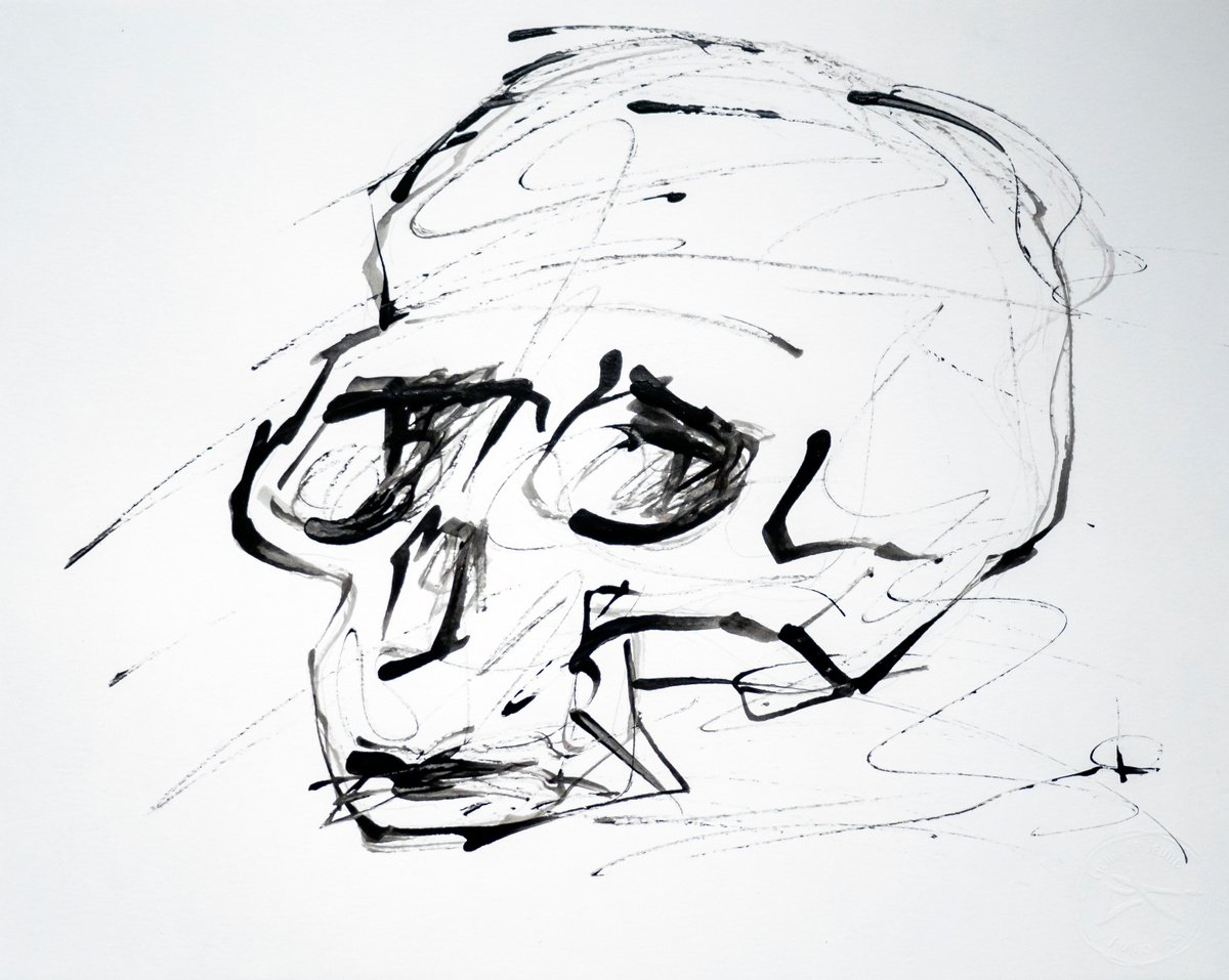 Expressive Still Life Ink Drawing By Lionel Le Jeune, 15 X 12", Skull, Original Artwork