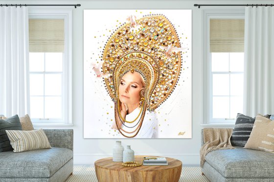 Custom portrait from a photo Queen. Art commission. Large painting, mixed media photo collage with precious stones, rhinestones