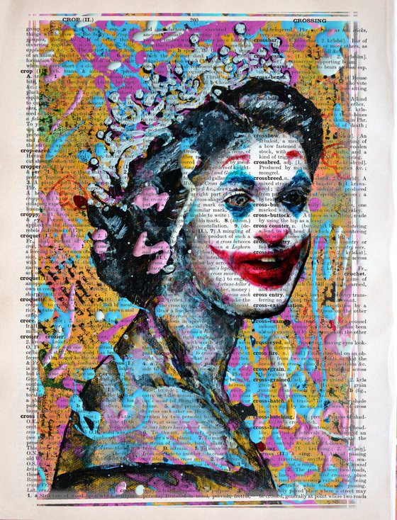 Queen Elizabeth II Like a Joker - Pop Art Collage on Large Real English Dictionary Vintage Book Page