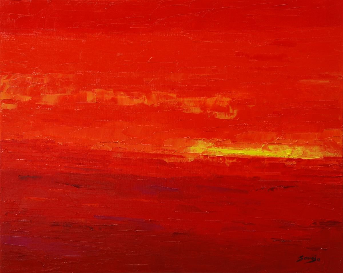 Abstract Landscape Oil Painting By Saroja Van Der Stegen, 21 X 17", Silent Red Day (Ref#:1264-10P), Original Artwork