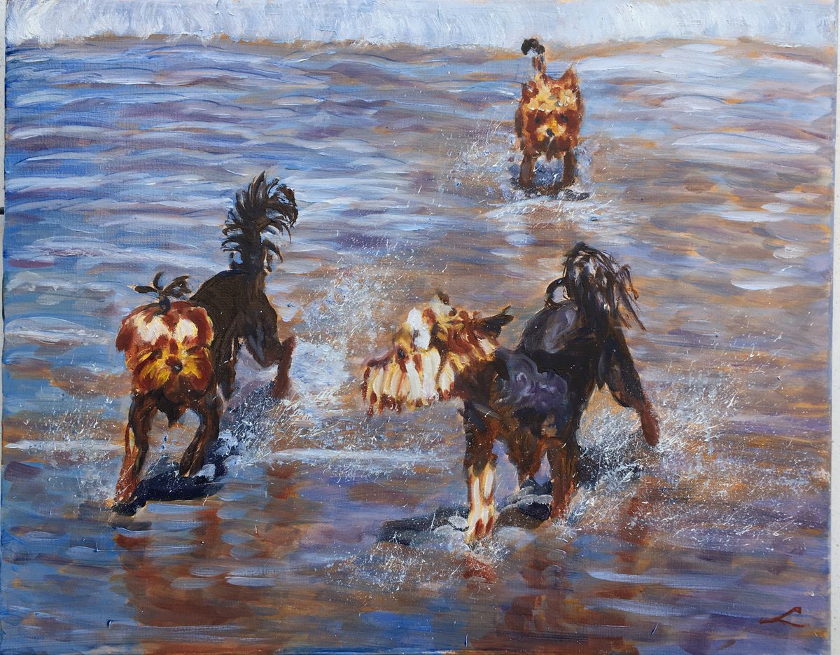 Impressionistic Animal Oil Painting By Elena Sokolova, 20 X 16, Wet Doggies, Original Artwork