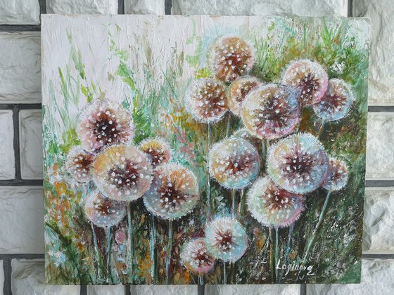 Dandelions flowers painting, Textural painting on canvas