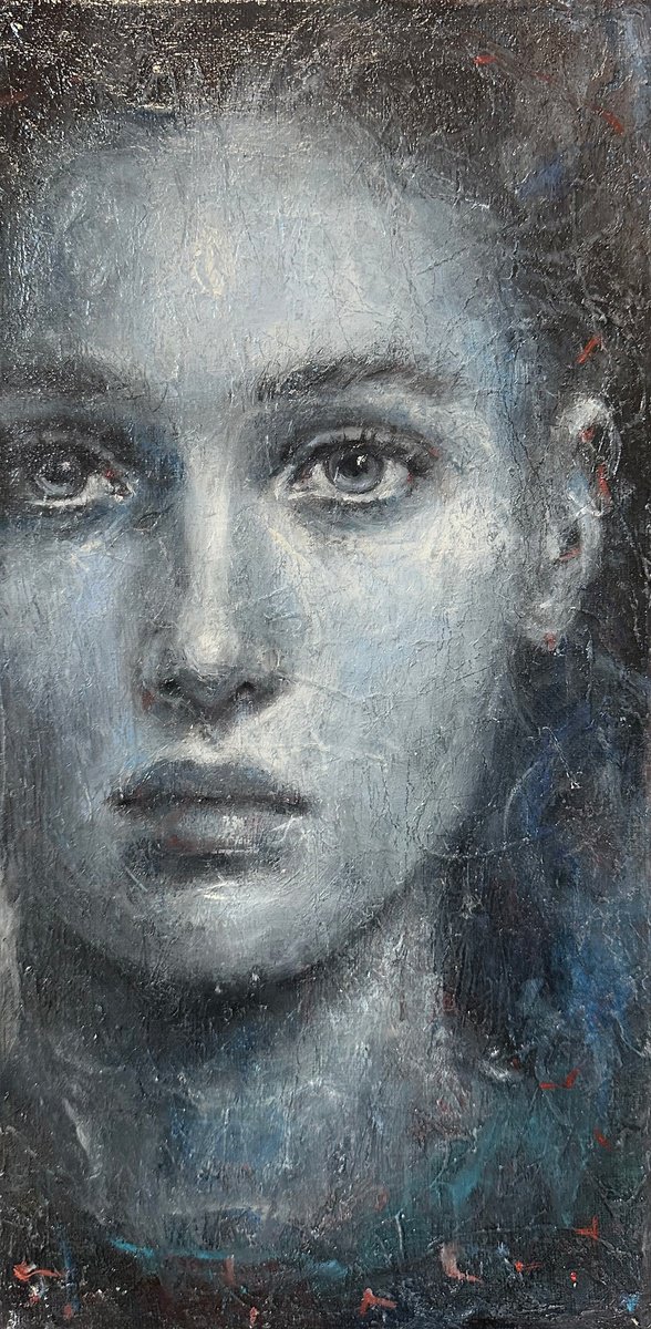 Surrealistic Portrait Oil Painting By Margarita Ivanova, 8 X 16", Eyes Contact, Original Artwork