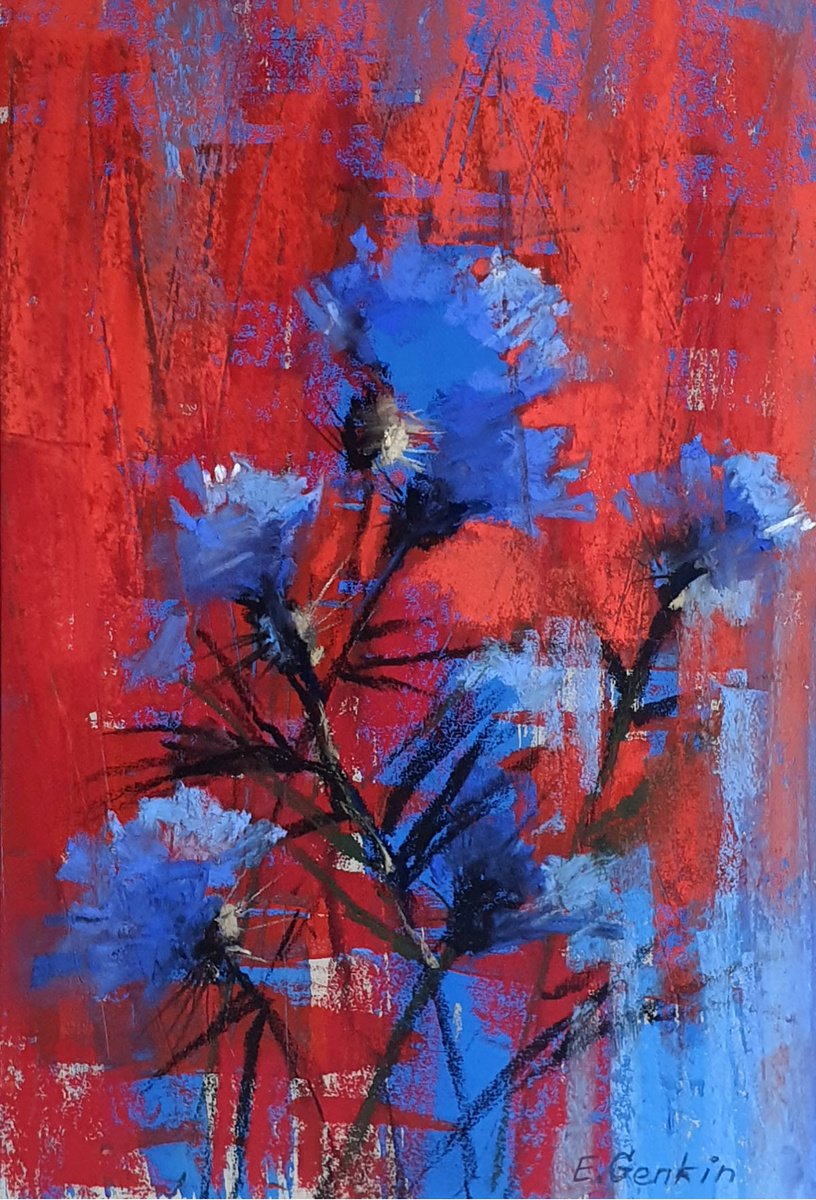 Impressionistic Pastel Drawing , Carnation Flowers In Blue &Amp; Red By Elena Genkin, 8 X 12, Artwork For Sale On Artfinder