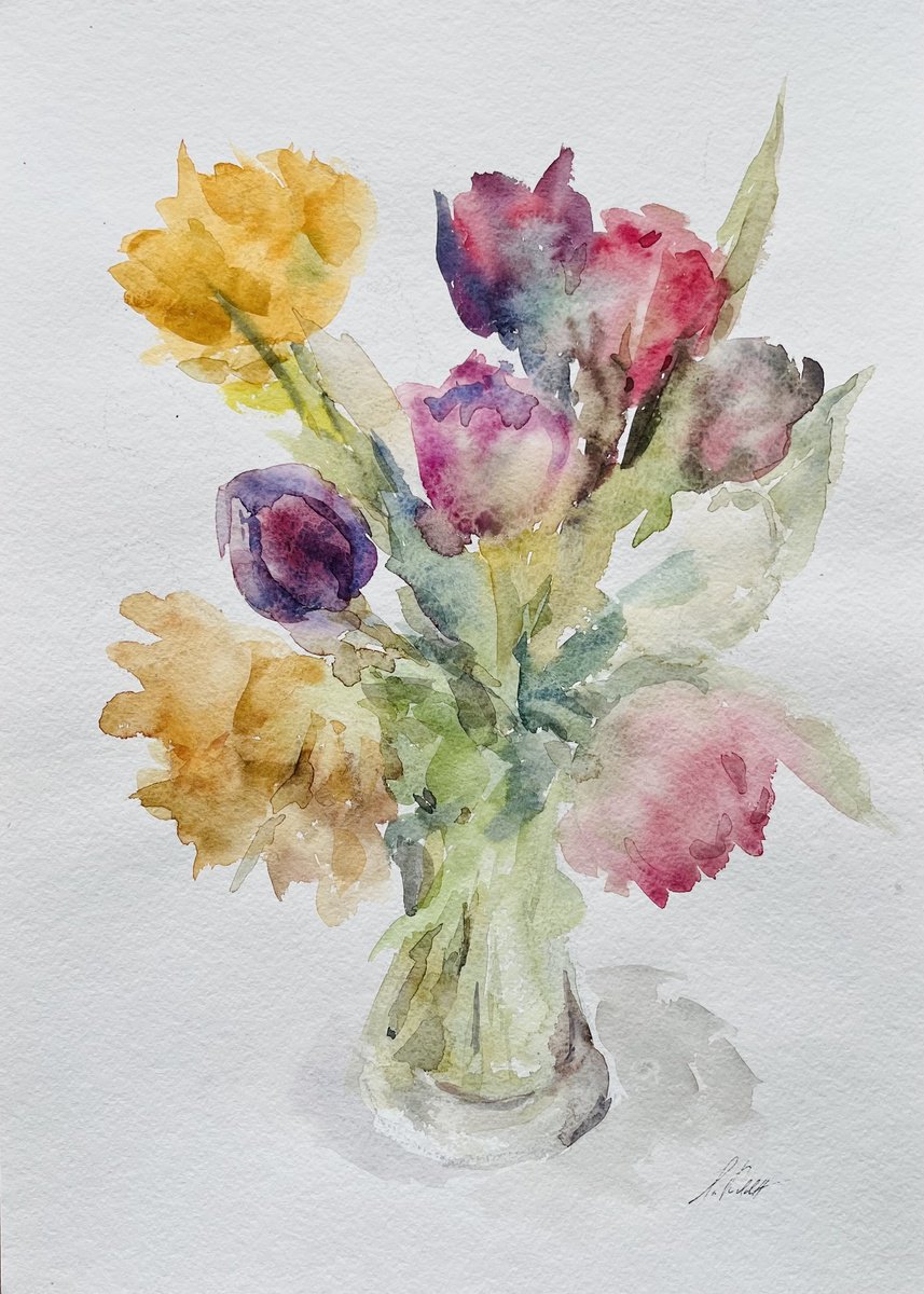 Impressionistic Still Life Watercolour By Elena Klyan, 12 X 17, Tulips In Vase, Original Artwork