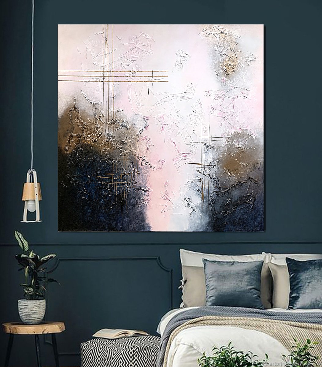 Expressive Abstract Acrylic Painting By Tatiana Malinovscaia, 35 X 35", Auric Veil Pink Gold Navy, Original Artwork
