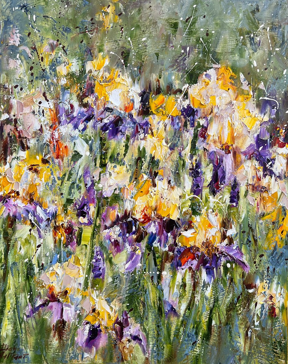 Impressionistic Botanical Oil Painting By Diana Malivani, 16 X 20, Iris, Original Artwork