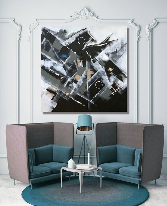 The Long Day is Over - XL Large abstract art – Black & White Art - Expressions of energy and light.