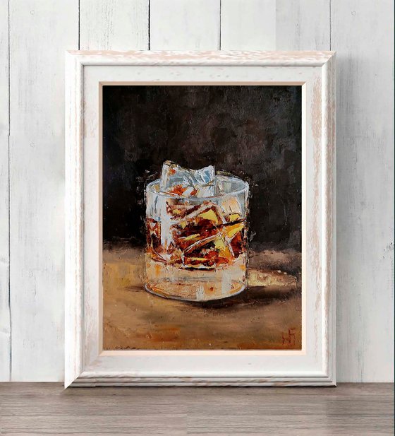 Glass of whiskey, Bourbon Painting Original Art Whiskey Ice Wall Art Cocktail Artwork