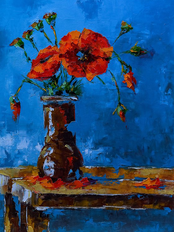 Poppy flowers still life. Flowers in vase. Gift for her