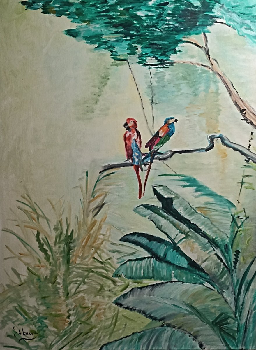 Impressionistic Animal Oil Painting By Isabelle Lucas, 24 X 31, Parrots Birds, Original Artwork