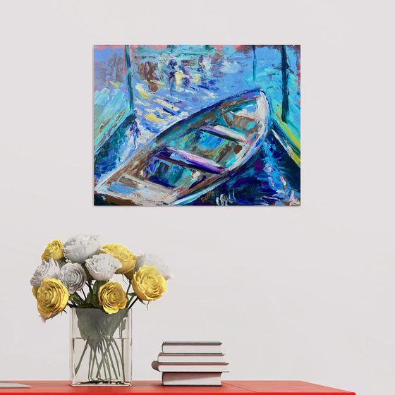 Boat, 35*45cm, impasto impressionistic river sunset oil painting