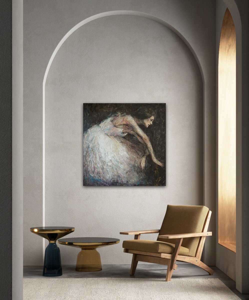 Expressive Portrait Acrylic Painting By Liubou Sas, 35 X 35", Your Arms Are Like Wings, Original Artwork