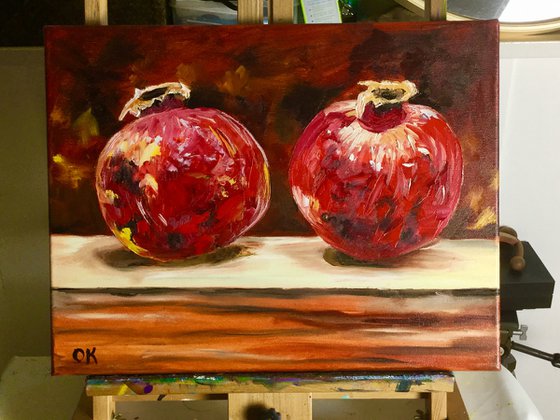 Still life with two  Pomegranates fruits still life original oil painting on canvas wall decor