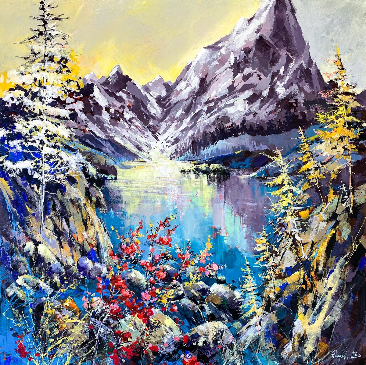 Impressionistic Landscape Acrylic Painting By Irina Rumyantseva, 40 X 40, Mountainside Lake View, Original Artwork