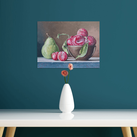 Still life -  plums and pear