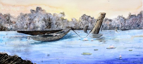 Calm water - original watercolor landscape painting by Nenad Kojić