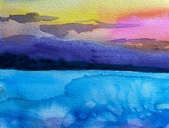 Seascape Watercolor Painting, Sea Ocean Wall Art, Sunset Large Original Painting, Coastal Home Decor