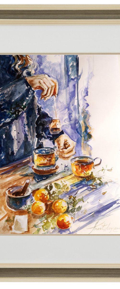 Tea and citrus, Watercolor Wall Decor by Annet Loginova