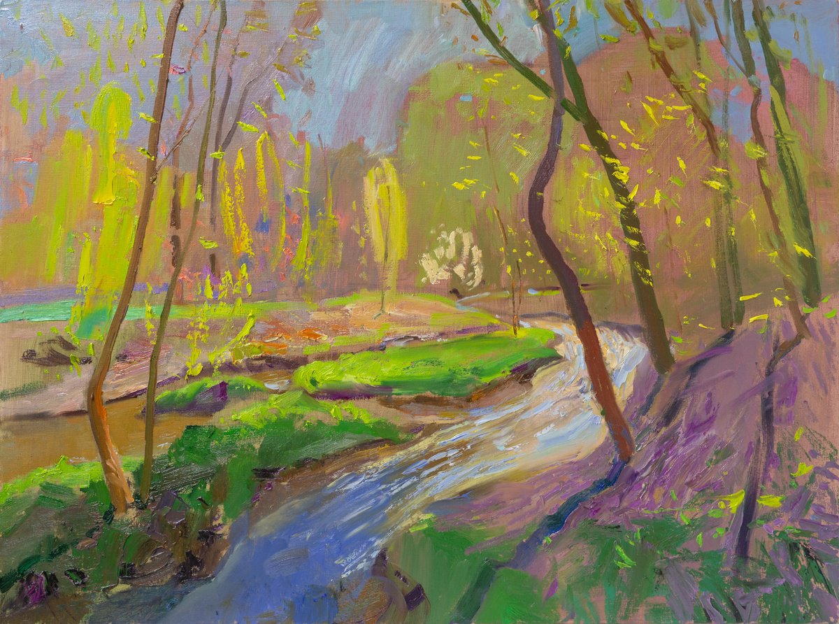 Impressionistic Landscape Oil Painting By Victor Onyshchenko, 31 X 24", River In Spring, Original Artwork