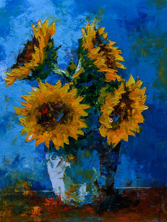 Sunflowers still life painting. Sunflowers in vase