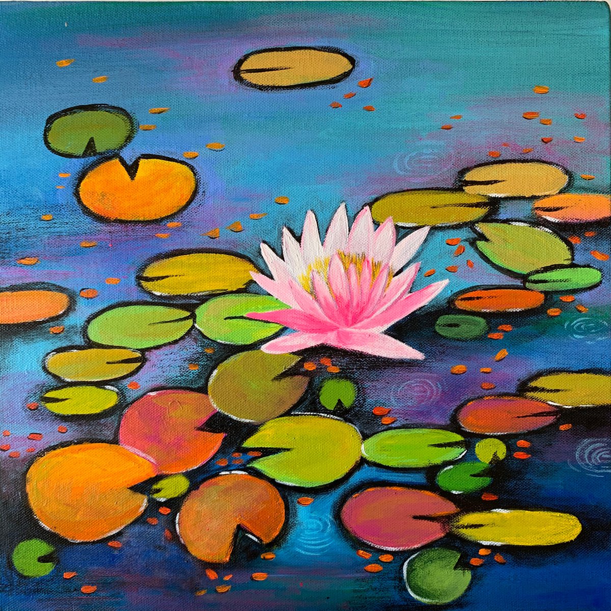 Water lily !! Ready to hang painting!! flower painting!! by Amita Dand