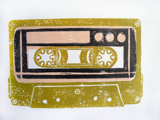 Linocut tapes #8 (cassette tapes, retro music, 70's, 80's rock culture)