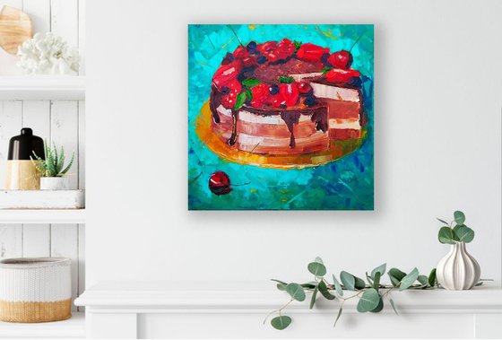 For tea, Cake Painting Original Art Dessert Artwork Kitchen Wall Art Food Impasto Painting 40x40 cm, ready to hang