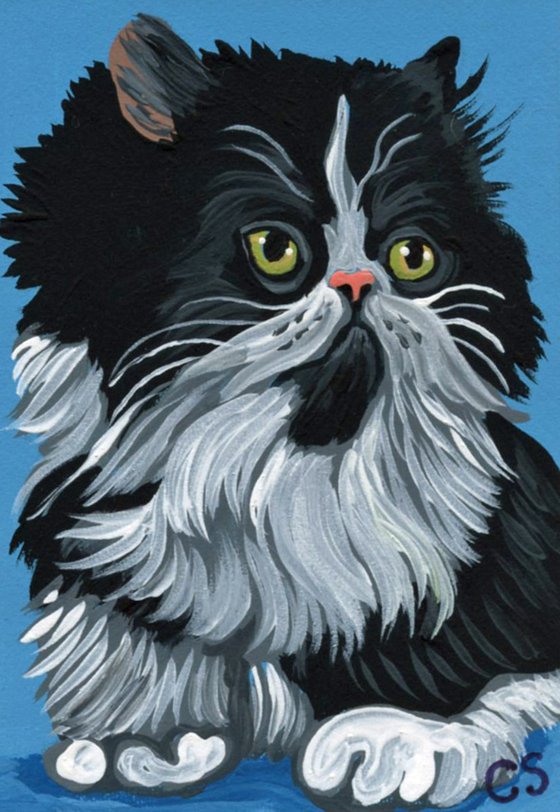 ACEO ATC Original Miniature Painting Black White Persian Tuxedo Cat Pet Art-Carla Smale