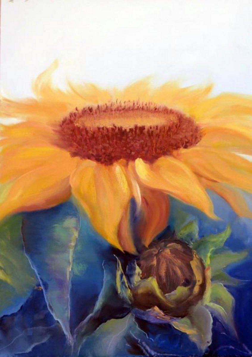 Expressive Botanical Oil Painting By Elena Lukina, 20 X 28, Sunflower, Original Artwork