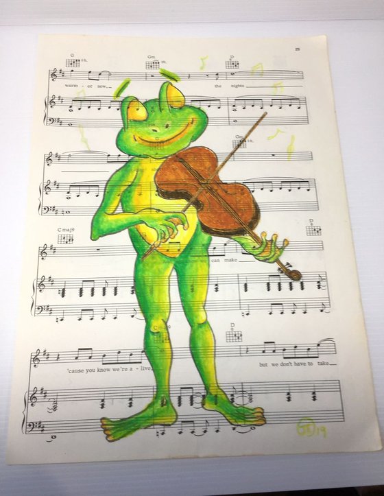 The frog loves music oil pastel