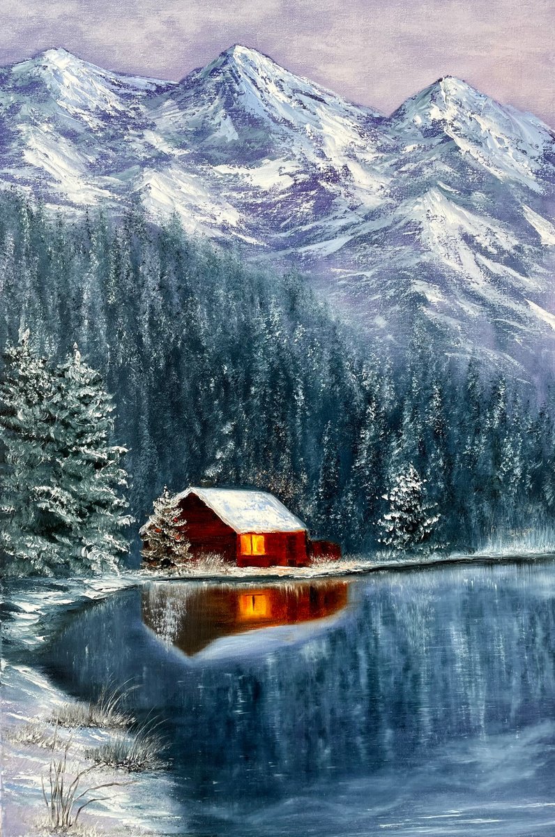 House near Lake - winters landscape, moutains and dreams by Tanja Frost