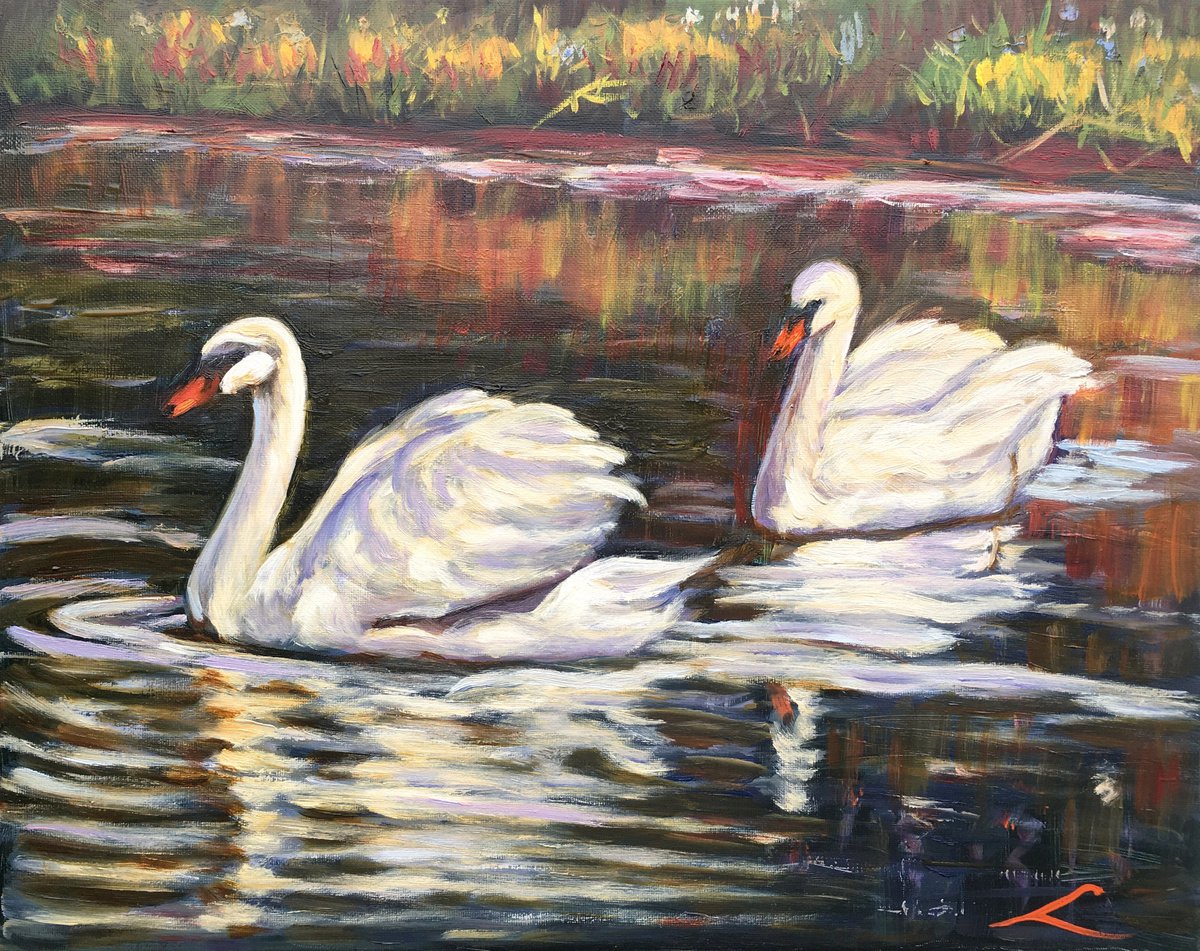 Impressionistic Animal Oil Painting By Elena Sokolova, 20 X 16, Swans, Original Artwork