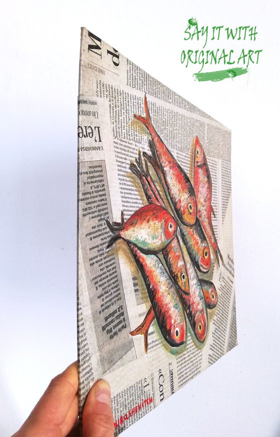 "Red Fishes on Newspaper" Original Oil on Canvas Board 12 by 12 inches (30x30 cm)