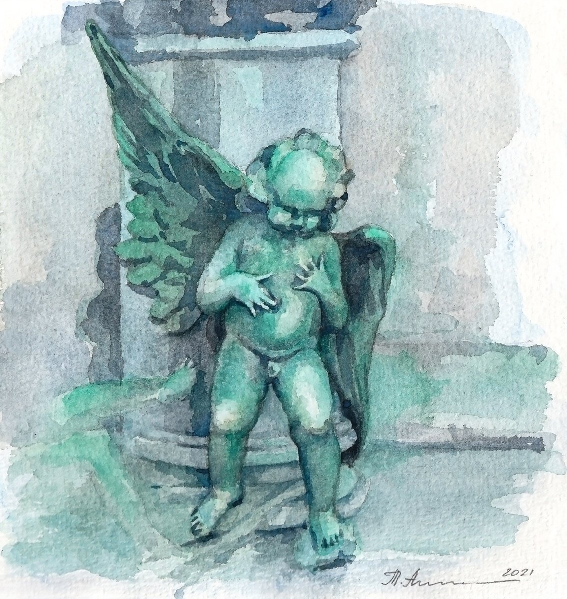 Impressionistic Cityscapes Watercolour By Tatiana Alekseeva, 7 X 8", Verdigris Angel, La Napoule, Original Artwork