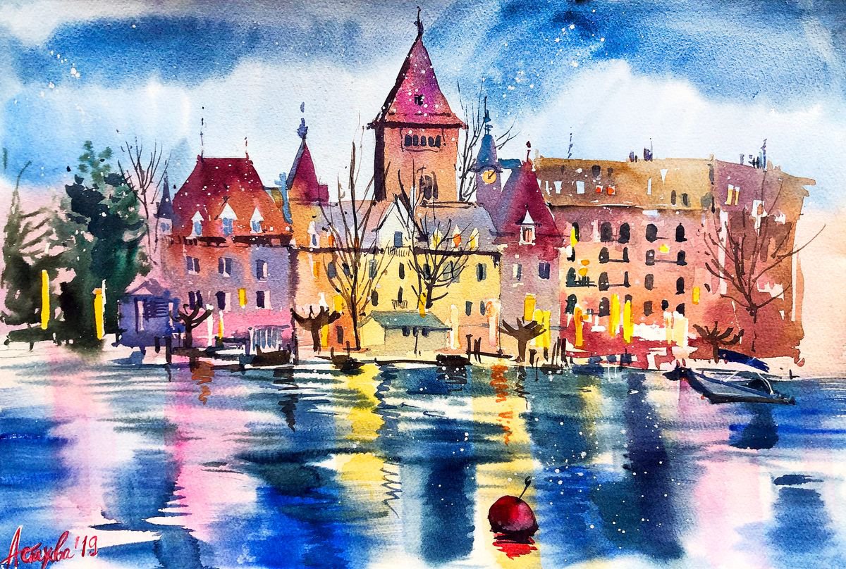Impressionistic Cityscapes Watercolour By Ksenia Astakhova, 20 X 14", Winter Sunset In Ouchy, Original Artwork